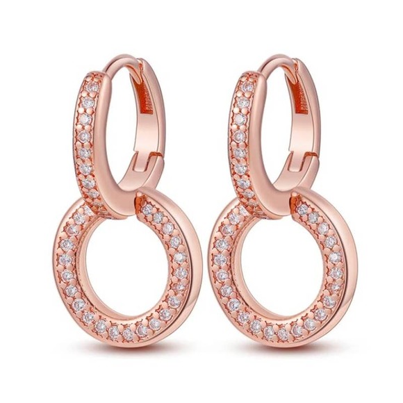 Rose Gold Tone Pave Zirconia Shinning Double Earrings Sterling Silver NWOT - Picture 1 of 5